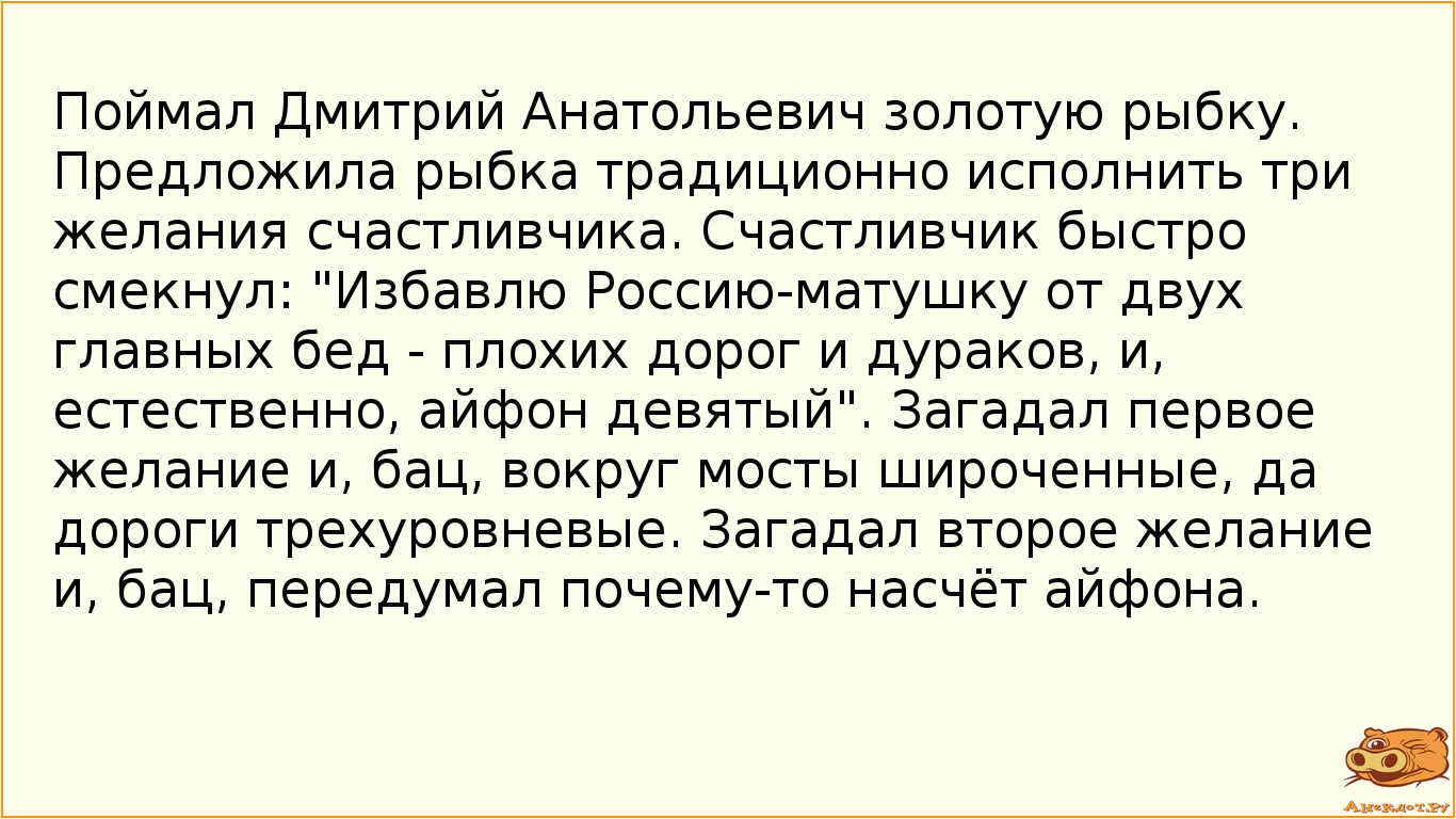 Поймал Дмитрий Анатольевич золотую рыбку. Предложила рыбка традиционно исполнить три желания…